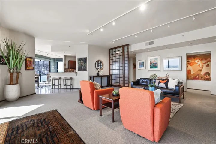 Living room is accentuated by the clean lines of the lighting and custom screen.  The carpet is wool Berber and adds warm and softness.