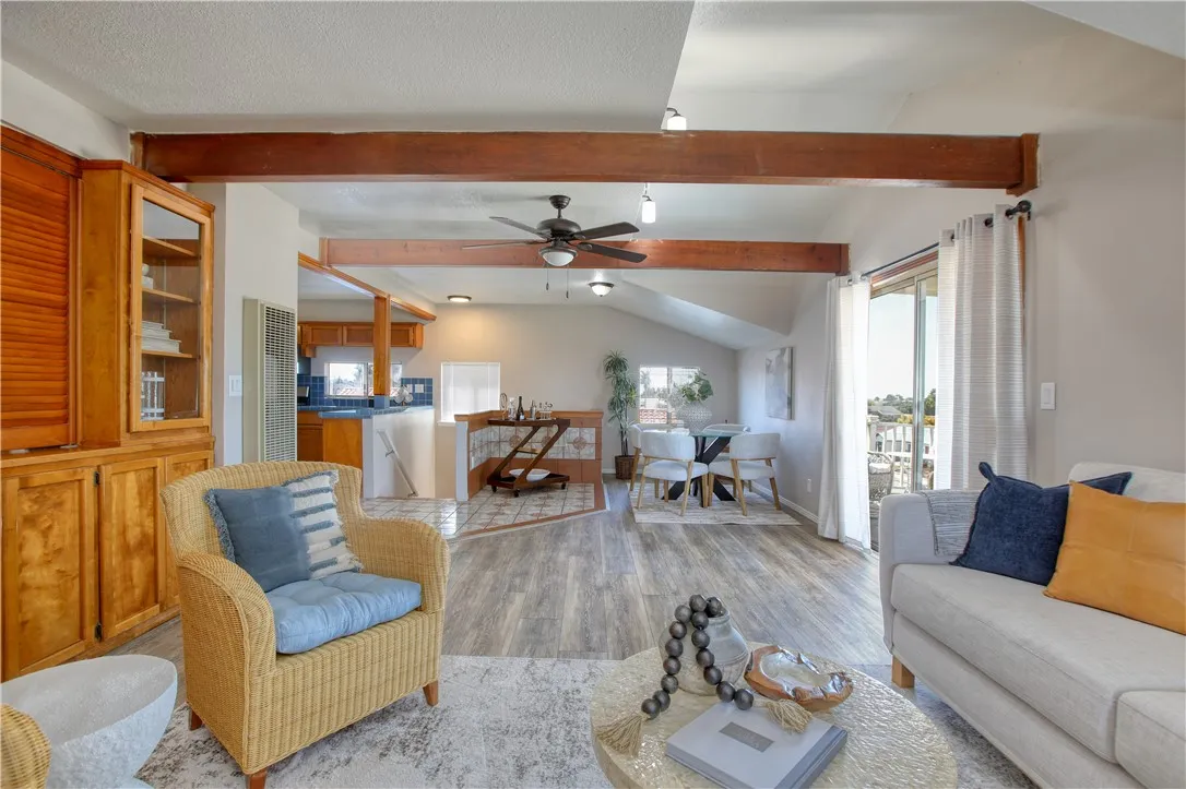 One bedroom unit is an open concept floorplan. Living room and dining area