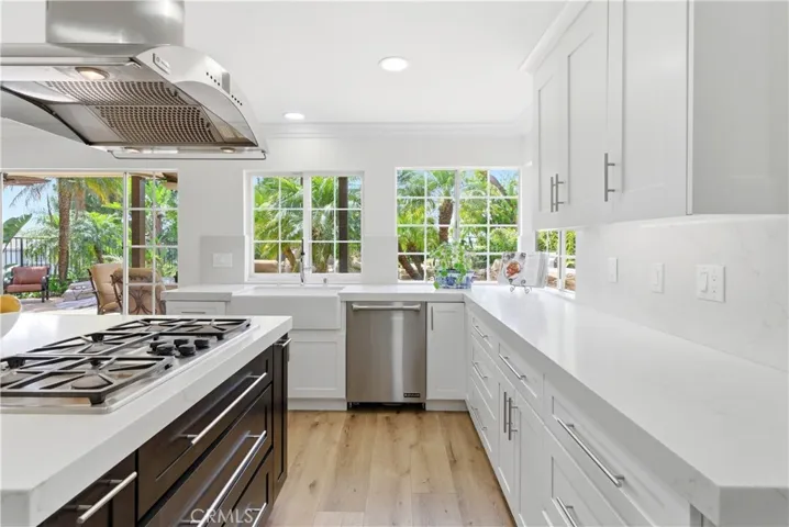 Bright kitchen with quartz countertops, farmhouse sink, and serene garden views.