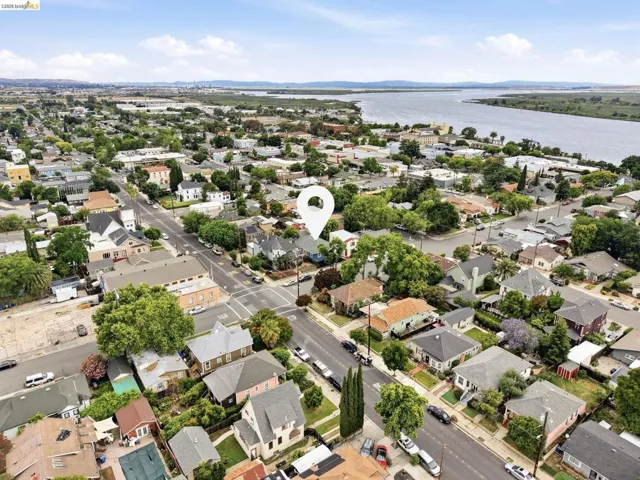 Aerial perspective showcasing a residential area with varied architectural styles