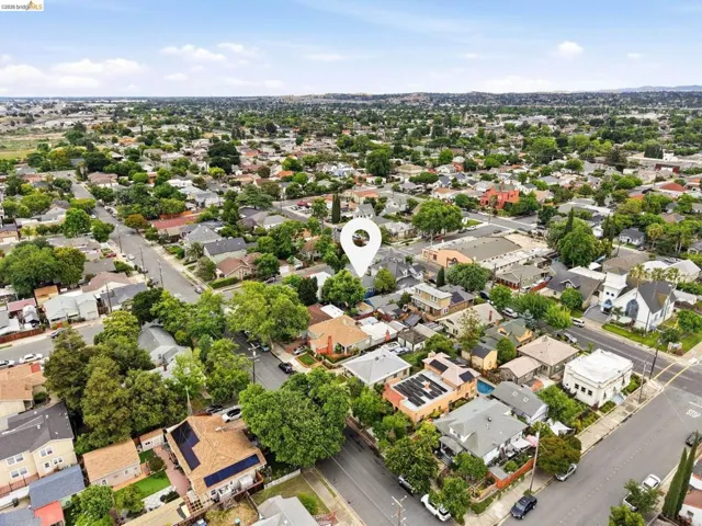 Aerial perspective showcasing a residential neighborhood with diverse architectural styles