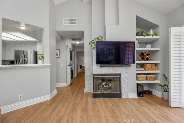 Fireplace anchors the living room