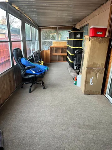 Sunroom / solarium with wooden walls, healthy amount of natural light, and carpet
