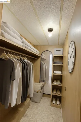 Walk in closet featuring light colored carpet