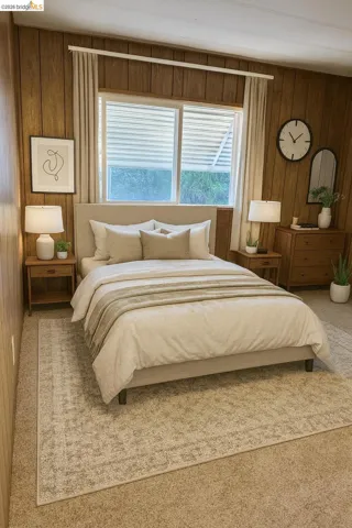 Bedroom featuring wood walls and carpet flooring