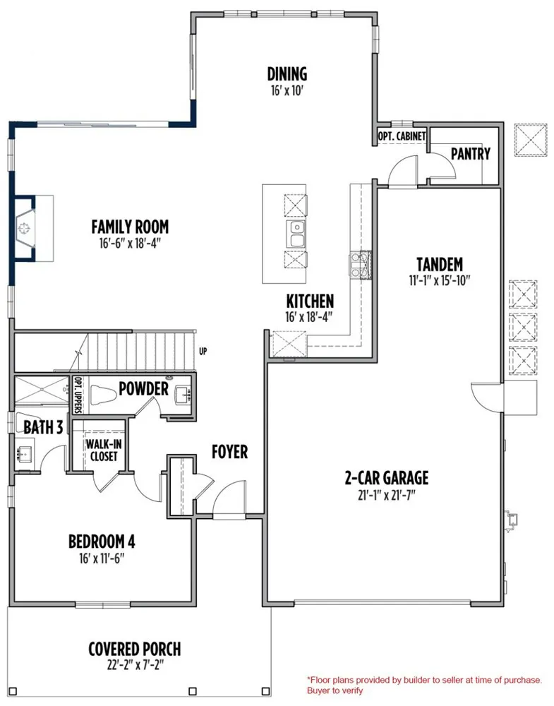 Floor plans provided by builder to seller at time of purchase. Buyer to verify.