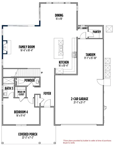 Floor plans provided by builder to seller at time of purchase. Buyer to verify.