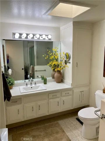 quartz countertops in bathroom, skylight opens