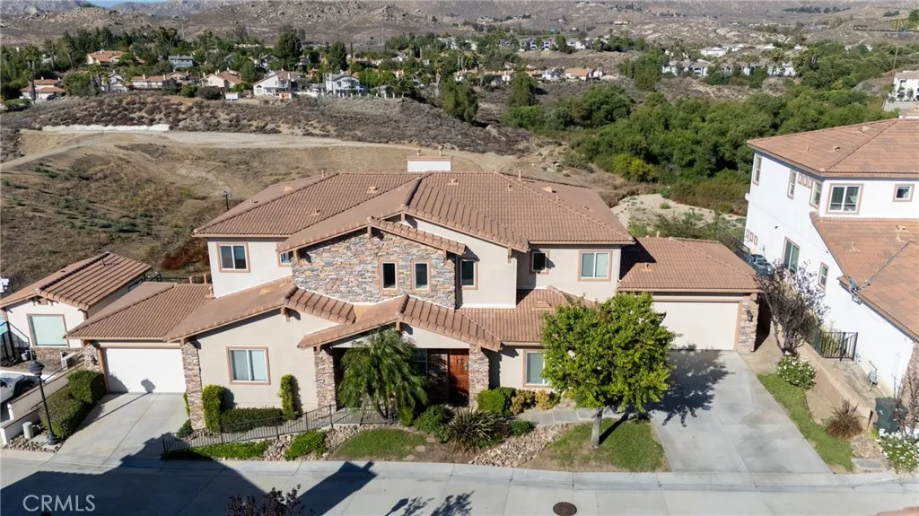 Ariel View of the front entrance and 2 car garage