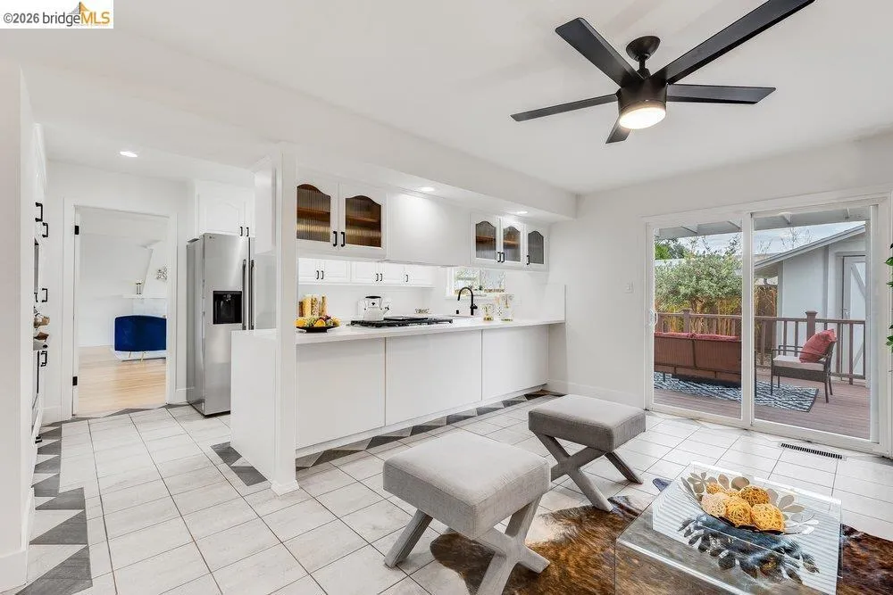 Modern kitchen featuring white cabinetry, stainless steel appliances, and a white countertop