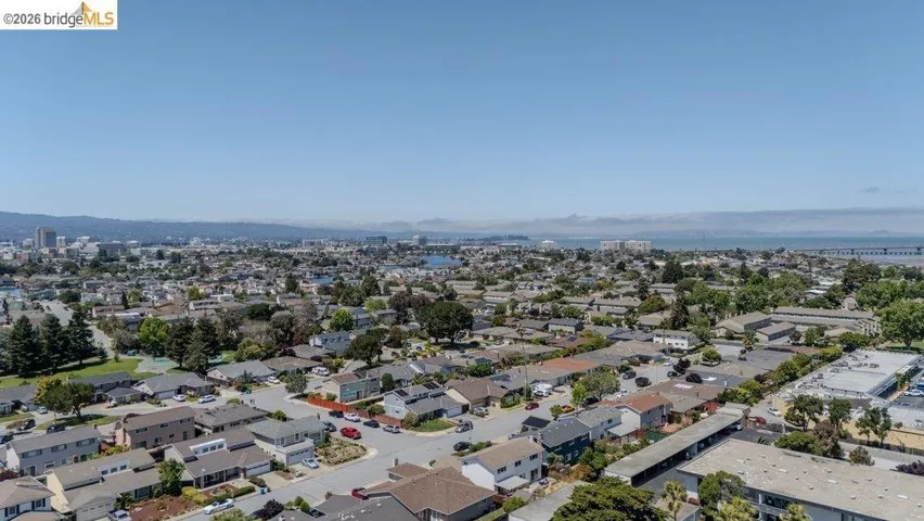 Expansive aerial perspective showcasing a residential neighborhood with a distant cityscape, distant mountains, a body of water, and surrounding greenery