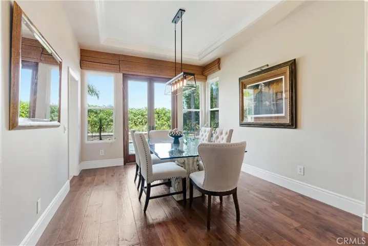 Formal dining area with designer lighting and French doors opening to the private backyard