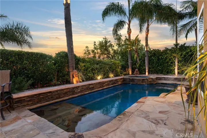 Resort-style backyard featuring a custom pool and spa, mature landscaping, and multiple areas for outdoor relaxation