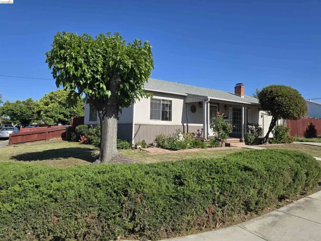 Traditional single-story residence featuring a front lawn and a mature privacy hedge