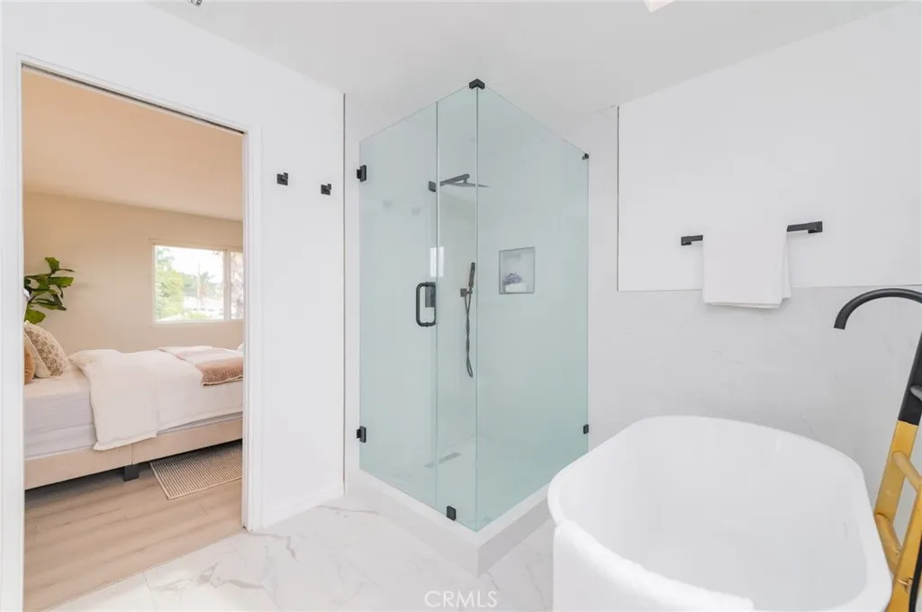 Freestanding no-slip soaking Bathtub & faucet (with handheld mixer & gooseneck spout, Stall Shower (custom frameless glass enclosure, 12" rainfall shower head