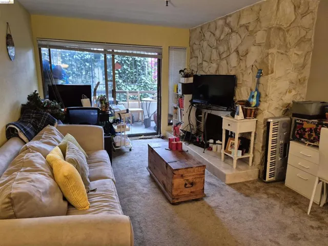 Living area with a stone-clad accent wall and fireplace hearth