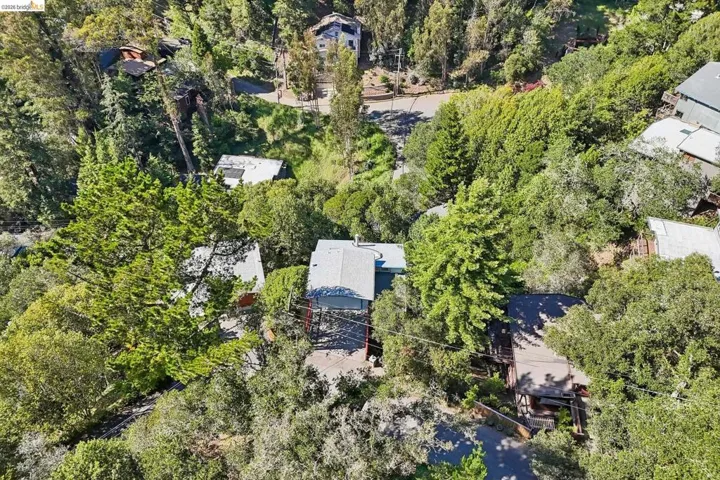 Aerial perspective showcasing a residential property nestled among mature trees