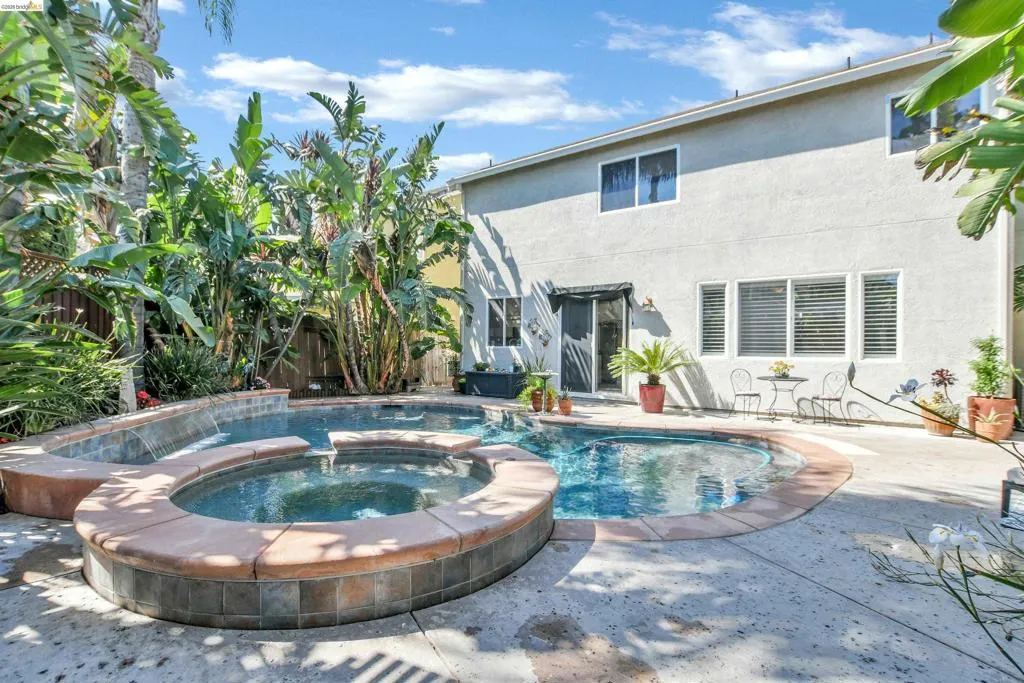 Backyard oasis featuring a freeform swimming pool with integrated spa and waterfall, surrounded by mature tropical landscaping and a concrete patio