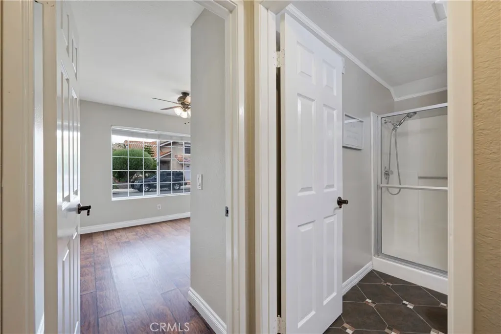 First floor bedroom on left & bathroom with shower on right.