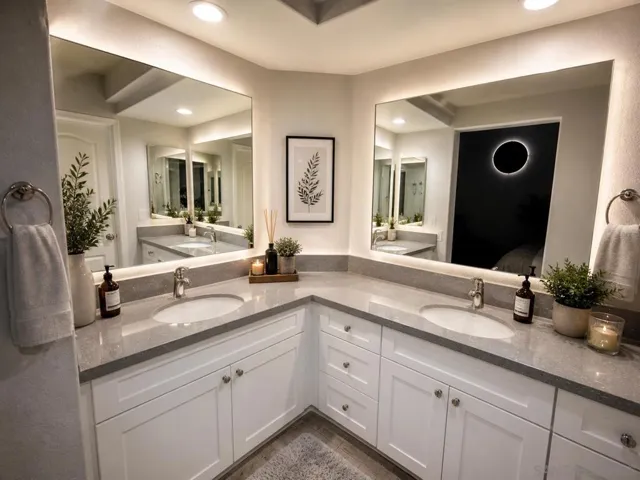 Master bathroom with 2 sinks and a walk-in shower