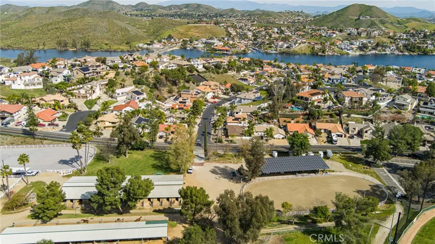 drone view over Equestrian Center with Lake in background