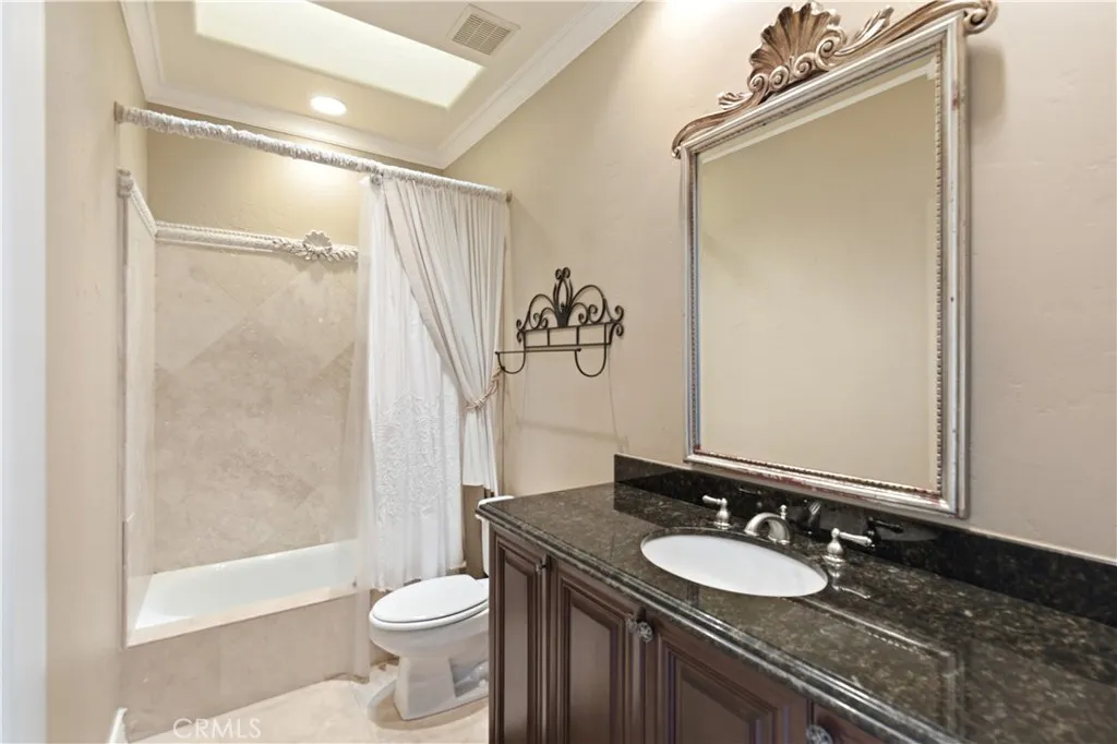 Guest bathroom, tub and shower combo with large skylight overhead.