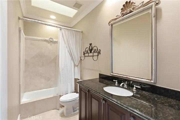 Guest bathroom, tub and shower combo with large skylight overhead.