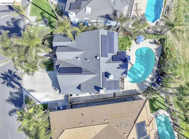 Property featuring a dark shingle roof with multiple solar panel arrays, a kidney-shaped swimming pool, and a concrete driveway