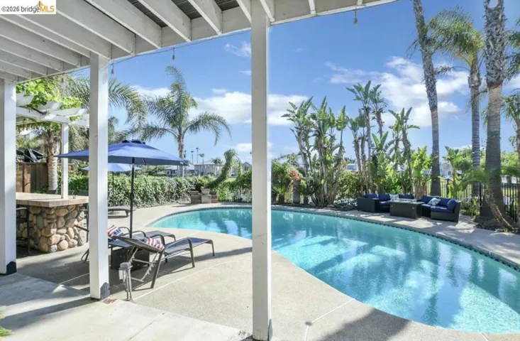 Outdoor living area featuring a freeform swimming pool with a concrete surround, a stone-clad outdoor bar, a white pergola with green foliage, and established palm trees