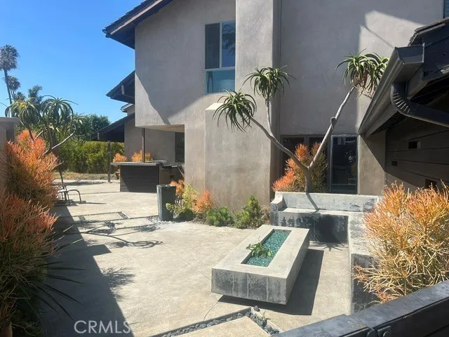 Outdoor Entertaining Concrete Bench Seating with Fountain, Custom Fire Table