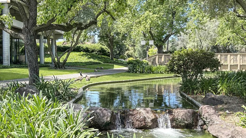Manicured grounds featuring a tranquil water feature with a rock waterfall