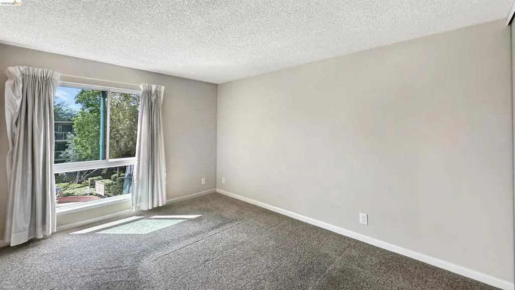 Room with neutral-toned walls, textured ceiling, and gray carpet flooring