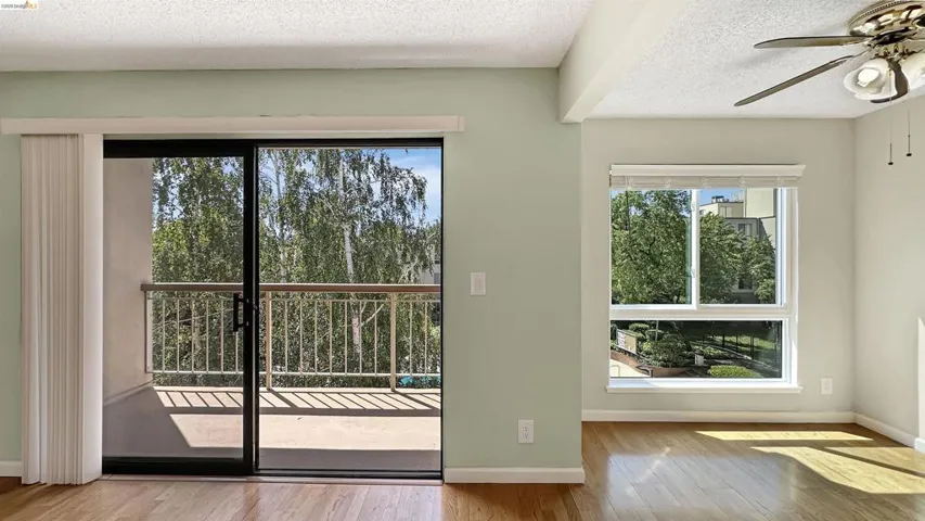Interior space featuring wood-finish flooring, a ceiling fan with integrated lighting, and light green wall paint