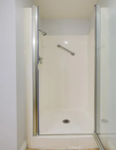 The Guest Bathroom has a step in shower with glass door.