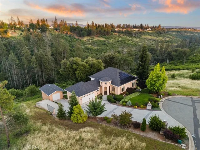 Drone shot of home, cul-de-sac and view