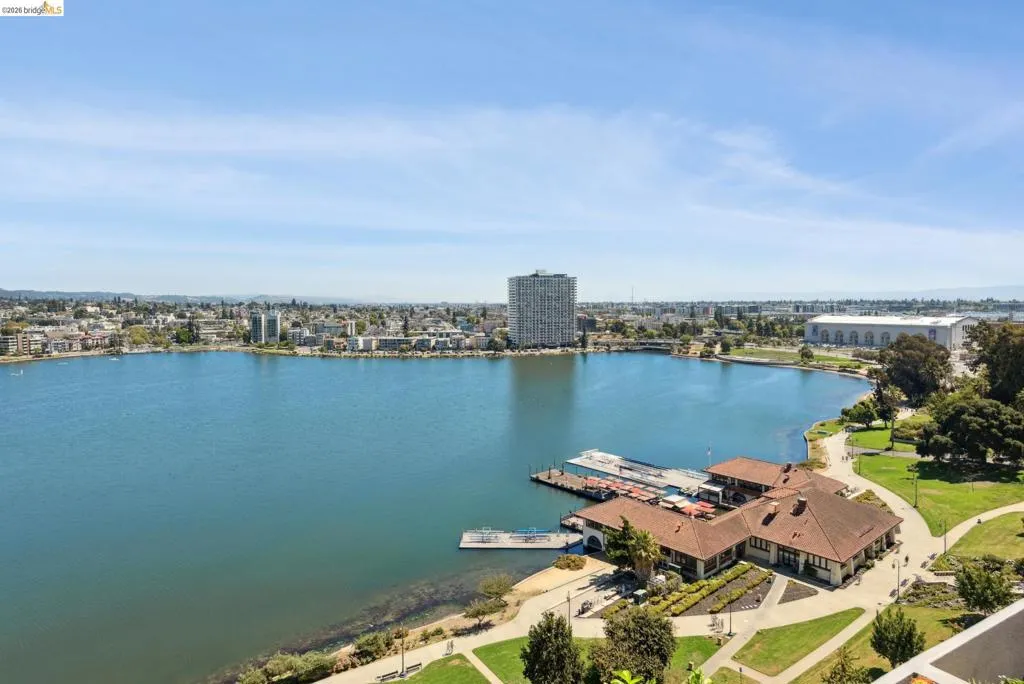 View of urban area with a large body of water