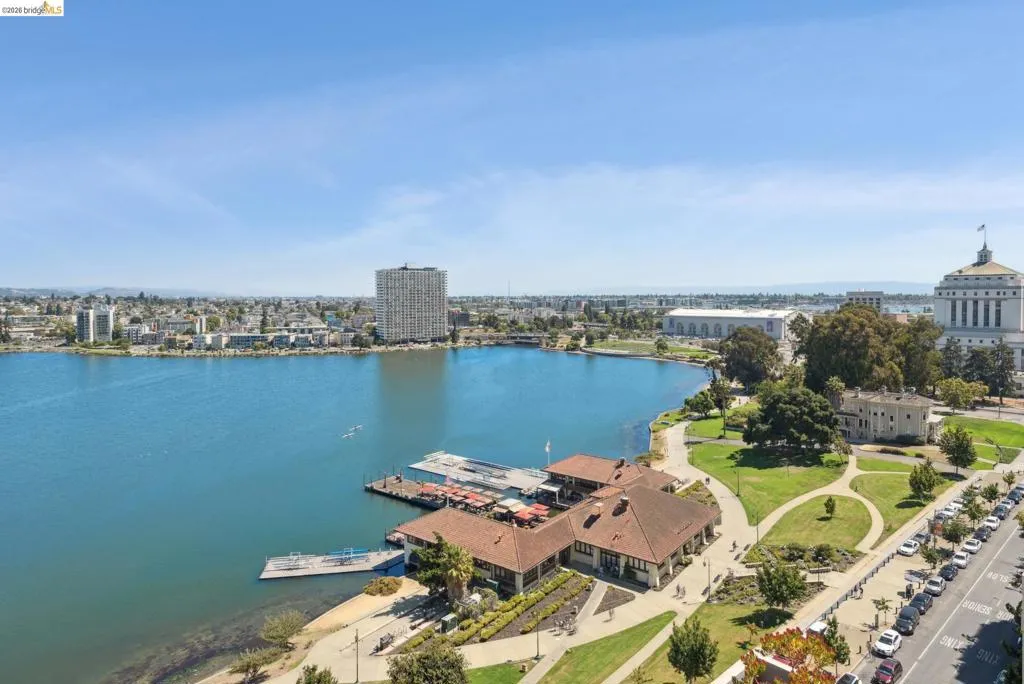View of urban area with a large body of water