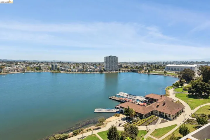 View of urban area with a large body of water