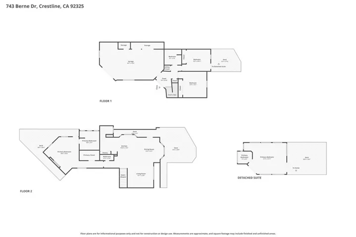Combined living space with main house and ADU is 2130 sq. ft.  Note: large storage and workroom under detached suite (ADU) and deck.