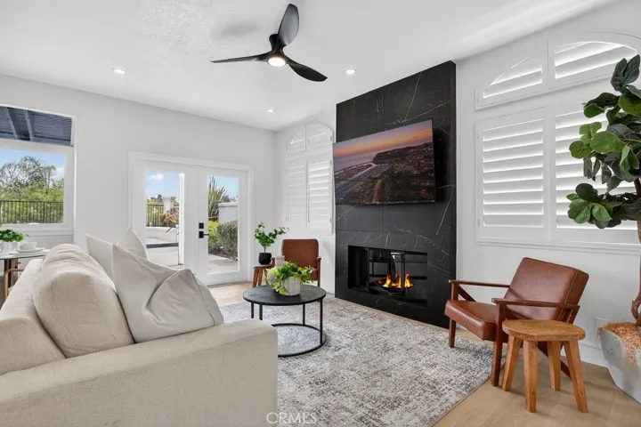 Family room with plantation shutters
