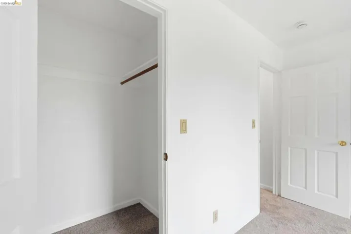 Open closet space featuring a built-in hanging rod and light gray carpeting