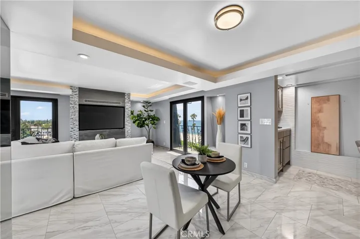 Dining area with dramatic uplighting.