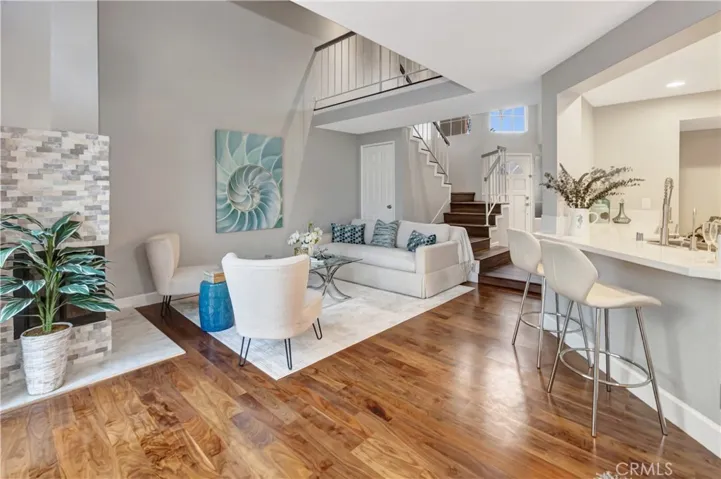 Kitchen, living and fireplace