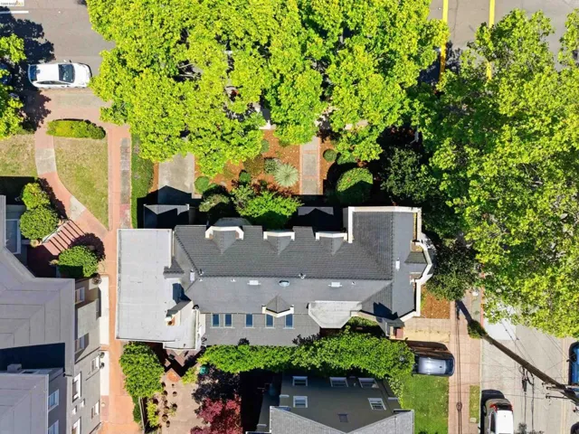 Spacious property featuring a dark-toned multi-gabled roof, multiple chimney structures, and a variety of mature trees providing natural canopy