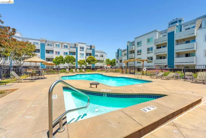 Community swimming pool with an integrated spa, surrounded by a concrete deck and lounge areas