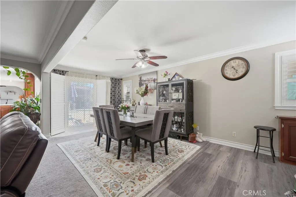 Dining room connects to the backyard through a sliding glass door