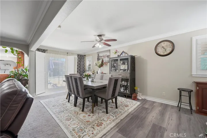 Dining room connects to the backyard through a sliding glass door