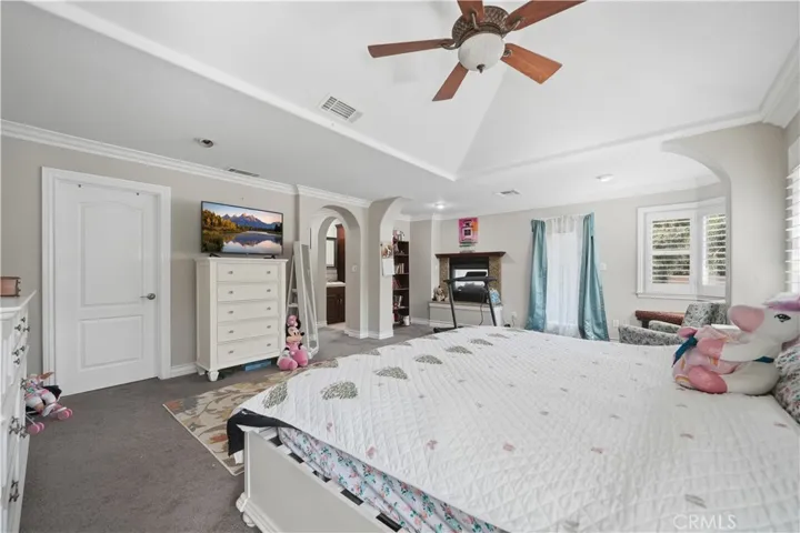 Master bedroom view of the arched seating area and dual sided fireplace. Also includes a large walk in closet with custom shelving