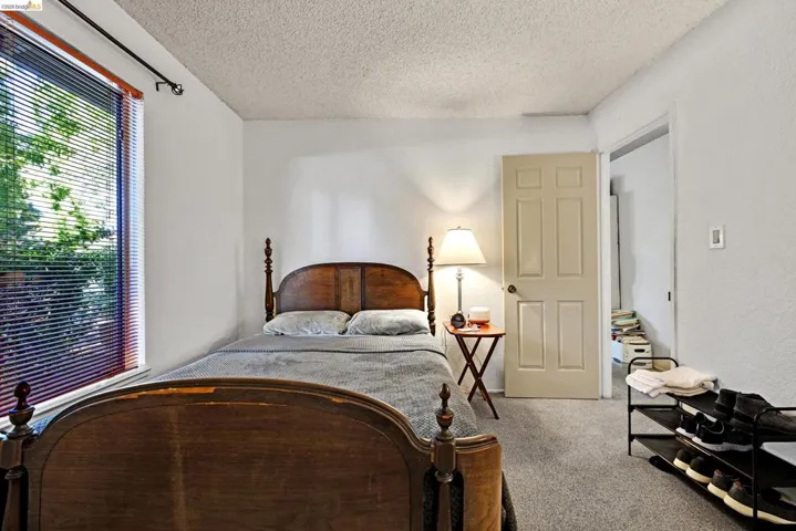 Bedroom featuring a large window with horizontal blinds, neutral wall paint, textured ceiling, and soft carpet flooring