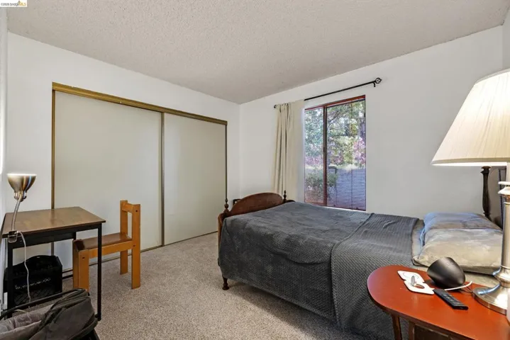 Bedroom featuring carpet flooring, a window with outdoor landscaping, and a sliding door closet with gold-toned trim